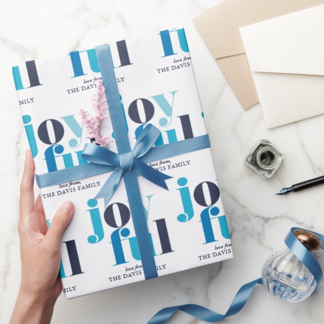 Papel De Presente Feriado Personalizado "Joyful" Azul de inverno (Presentear)
