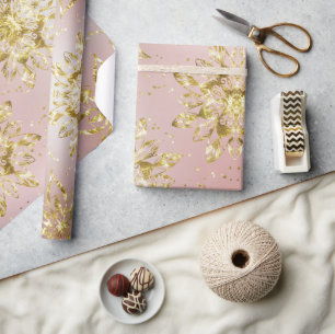 Papel De Presente Feriado rosa Elegante Flocos de Neve estrelas Nata
