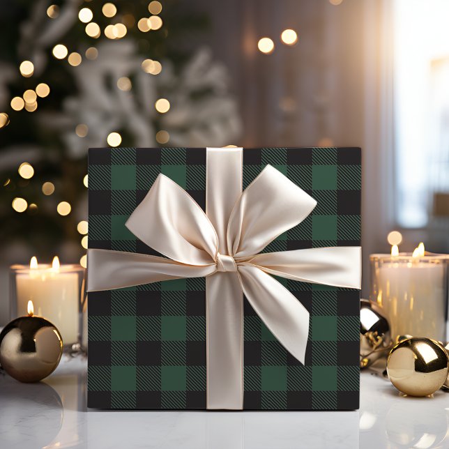 Papel De Presente Feriado Rustic Green & Black Xadrez Buffalo (Rustic Green & Black Buffalo Plaid Holiday Wrapping Paper)