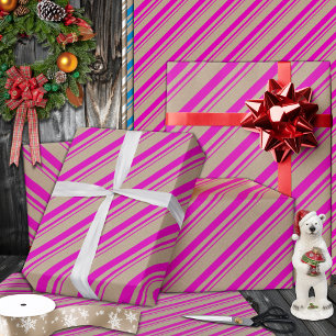 Papel De Presente Feriado Rustic Kraft Hot Pink Stripes