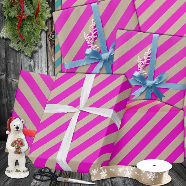 Papel De Presente Feriado Rustic Kraft Hot Pink Wide Stripe (Rustic Kraft Hot Pink Wide Stripe Holiday Wrapping Paper In 6 & 15 foot rolls of 30 inches width)