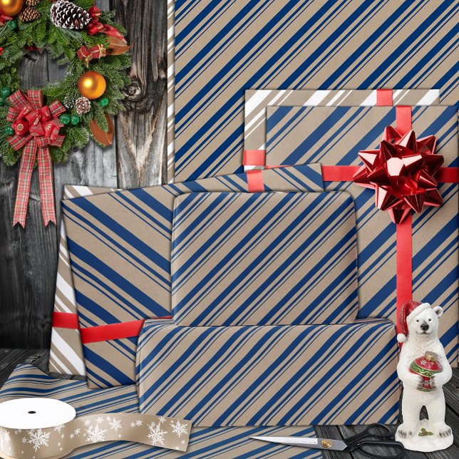 Papel De Presente Feriado Rustic Kraft Marinho Blue Candy Stripes (Navy Blue Candy Cane Stripe Holiday Wrapping Paper Rolls in 6 and 15 foot rolls.)