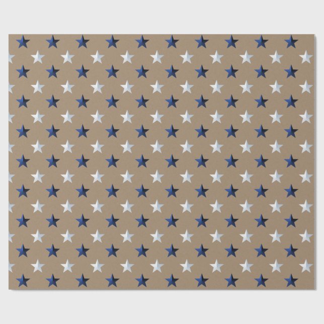 Papel De Presente Feriado Rustic Kraft Marinho Blue Silver Stars (Aberto)