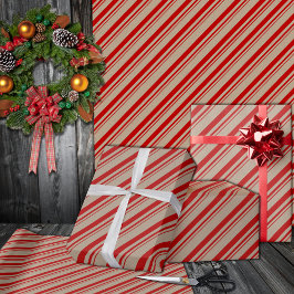 Papel De Presente Feriado Rustic Kraft Red Candy Stripes