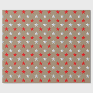 Papel De Presente Feriado Rustic Kraft Red Silver Stars