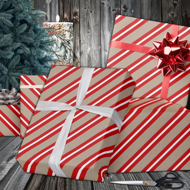 Papel De Presente Feriado Rustic Kraft Red White Wide Stripe (Rustic Kraft Red White Wide Stripe Holiday Wrapping Paper in 6 & 15 foot long 30 Inch Width Rolls
)
