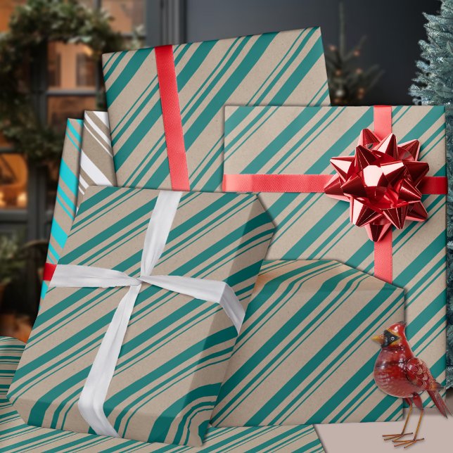 Papel De Presente Feriado Rustic Kraft Teal Green Stripes (Rustic Kraft Teal Green Candy Cane Stripe Holiday Wrapping Paper in 6 and 15 foot rolls.)