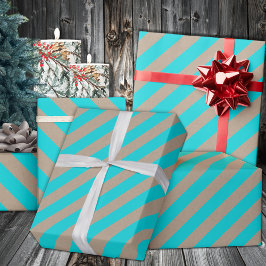 Papel De Presente Feriado Rustic Kraft Turquoise Blue Wide Stripe