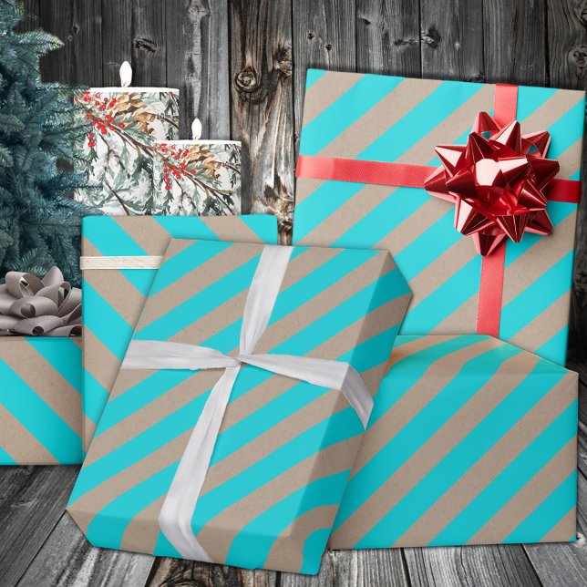 Papel De Presente Feriado Rustic Kraft Turquoise Blue Wide Stripe (Rustic Kraft Turquoise Blue Wide Stripe Holiday Wrapping in 6 and 15 foot long 30 Inch Width Rolls
)
