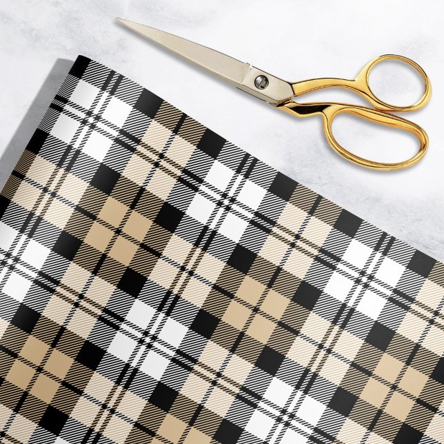 Papel De Presente Feriado Rustic Tan Black and White Tartan Xadrez (Criador carregado)