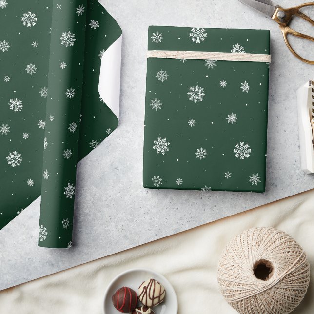 Papel De Presente Feriado Verde em Flocos de Neve (Snowflakes Green Holiday Wrapping Paper
)