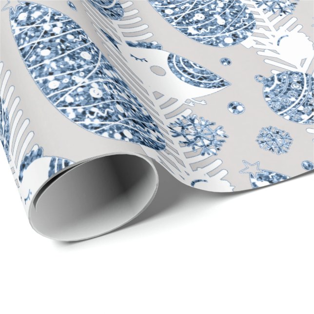 Papel De Presente Feriados felizes Blue Silver Glitter White Ball De (Ponta do rolo)