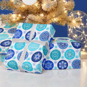 Papel De Presente Feriados felizes Flocos de Neve Azuis Brancos