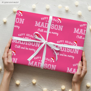 Papel De Presente Feriados felizes Nome personalizado Pink de Natal