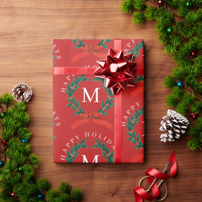 Papel De Presente Feriados Felizes Personalizados Vermelhos Monogram (Presente de Natal)