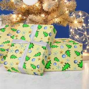 Papel De Presente Férias amarelas festivas com símbolos de Natal W