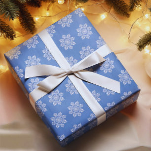Papel De Presente Férias Branco Azul Chinoiserie Floco de Neve 