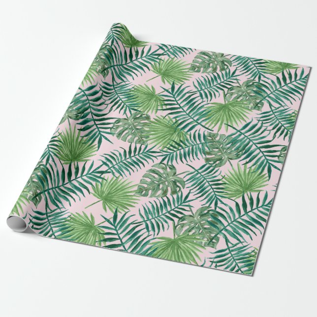 Papel De Presente Férias de Folhas Tropicais Rosa (Desenrolado)