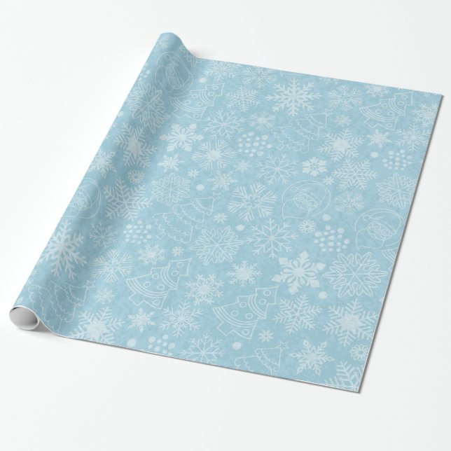 Papel De Presente Férias de Natal Azul e Branco Flocos de Neve Natal (Desenrolado)