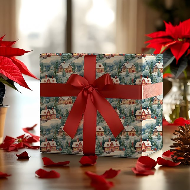 Papel De Presente Férias de Natal da Vila Suíça da Neve Winter (Snowy Winter Wonderland Swiss Village Landscape Christmas Holiday Multi-Colored Wrapping Paper)