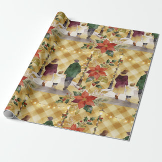 Papel De Presente Férias em Família Rústica Xadrez Dourado Aquarela