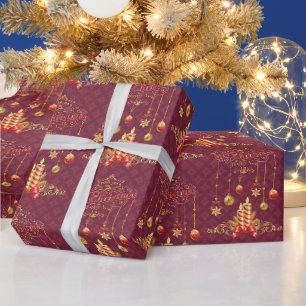 Papel De Presente Férias em Vermelho, Branco e Dourado