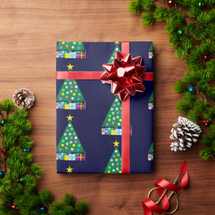 Papel De Presente Férias Felizes Árvore de Natal Verde: Azul Escuro