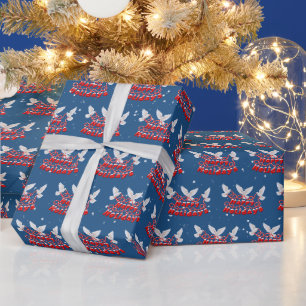 Papel De Presente Férias Felizes com Pombas Brancas e Flocos de Neve