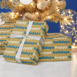 Papel De Presente Férias Felizes Padrão de Texto Azul e Dourado Fo