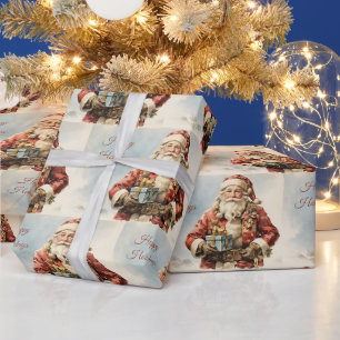 Papel De Presente Férias Felizes Papai Noel Natal Vintage