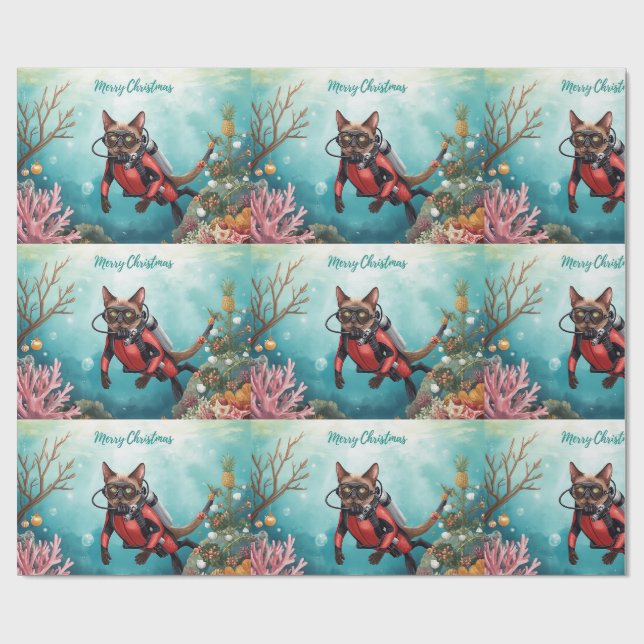Papel De Presente Férias Subaquáticas do Gato de Escafandro - Feliz  (Aberto)