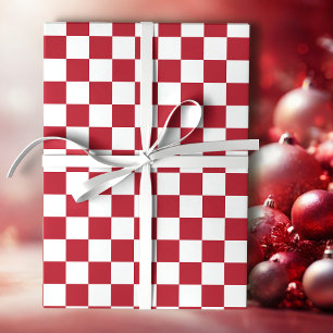 Papel De Presente Férias Xadrez Retro Vermelho e Branco