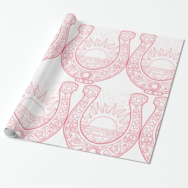 Papel De Presente Ferradura da Sorte Pôr do Sol Oceano (Desenrolado)