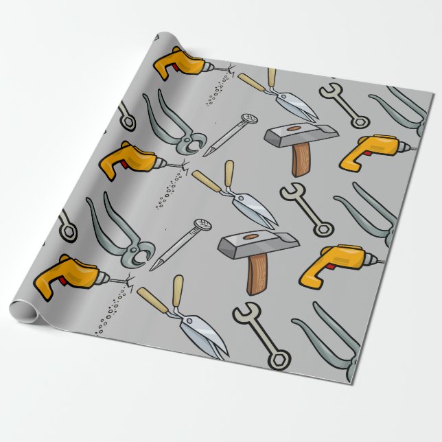 Papel De Presente Ferramentas manuais Martelo Furadeira Prego e Chav (Desenrolado)