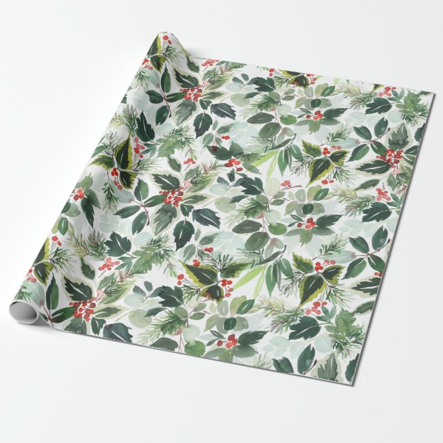 Papel De Presente FesNatal Aquarela Foliage Holly Berry (Desenrolado)