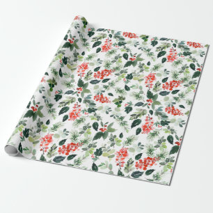 Papel De Presente FesNatal Aquarela Foliage Holly Berry
