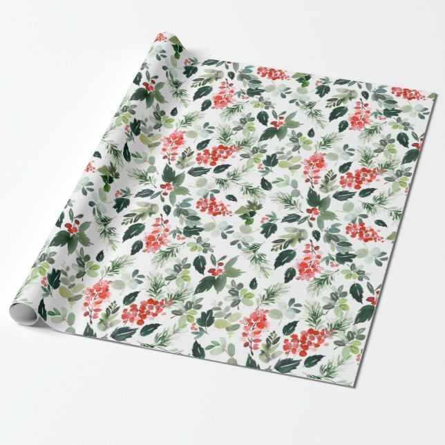 Papel De Presente FesNatal Aquarela Foliage Holly Berry (Desenrolado)