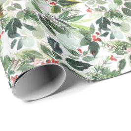 Papel De Presente FesNatal Aquarela Foliage Holly Berry