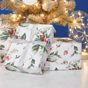 Papel De Presente FesNatal Aquarela Foliage Holly Berry