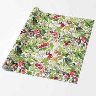 Papel De Presente FesNatal Aquarela Foliage Holly Berry