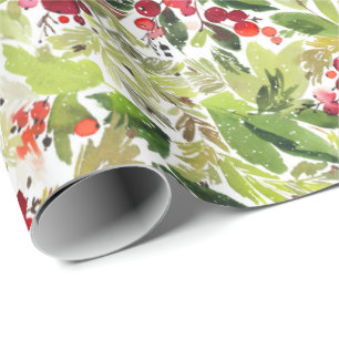 Papel De Presente FesNatal Aquarela Foliage Holly Berry
