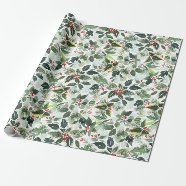 Papel De Presente FesNatal Aquarela Foliage Holly Berry (Desenrolado)