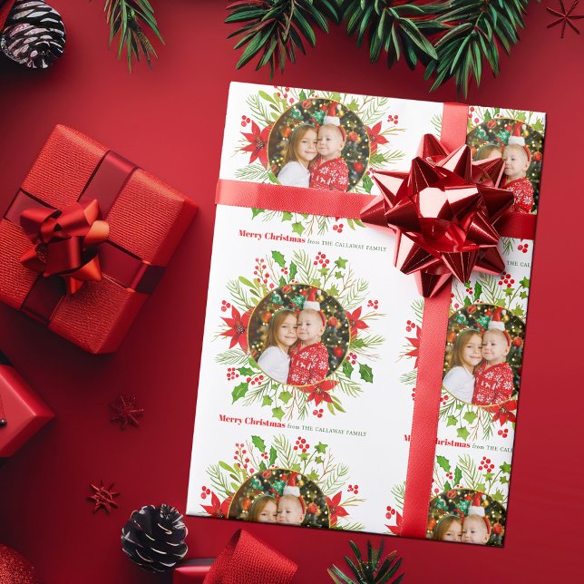 Papel De Presente FesNatal Red Poinsettia Foto Personalizada (Criador carregado)