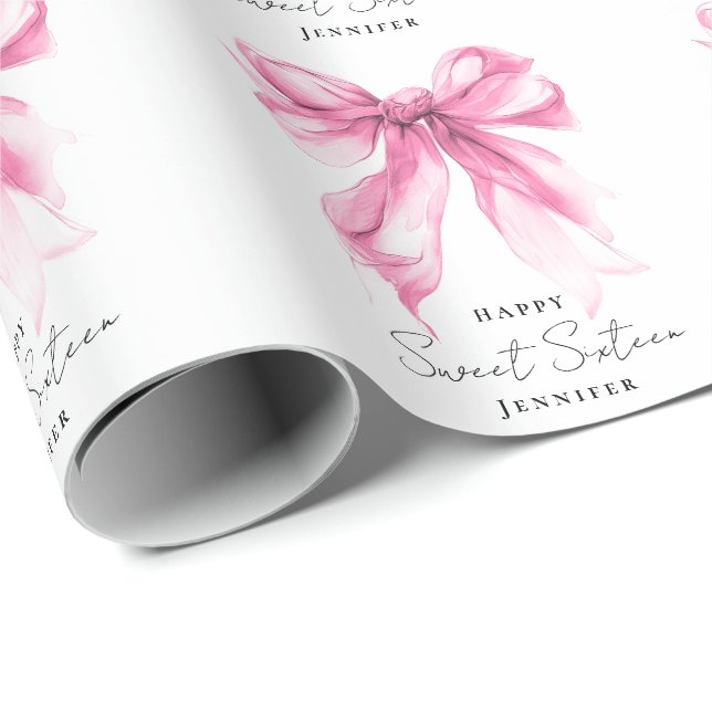 Papel De Presente Festa Coquette de Laço Rosa Script Sweet 16 (Ponta do rolo)