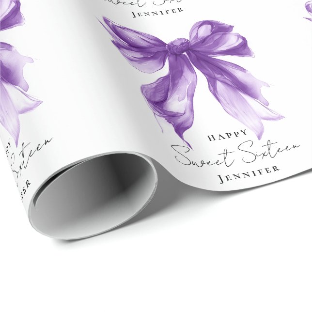 Papel De Presente Festa Coquette de Laço Roxo Script Sweet 16  (Ponta do rolo)