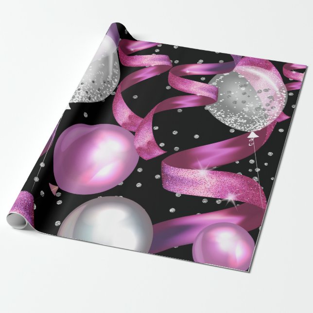 Papel De Presente Festa de Aniversário de 16 Anos Brilho Rosa Preto  (Desenrolado)