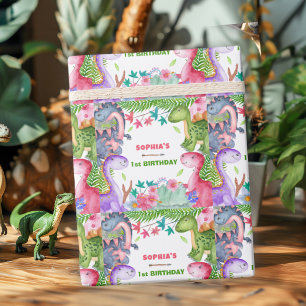 Papel De Presente Festa de Aniversário de 1 Ano da Menina Dinossauro