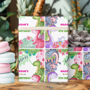 Papel De Presente Festa de Aniversário de 4 anos da Menina Dinossaur