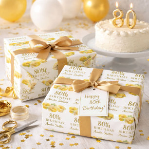 Papel De Presente Festa de Aniversário de 80 anos com Rosas Florais 