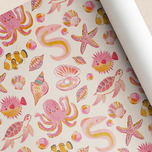 Papel De Presente Festa de Aniversário de Bebê Criaturas Marinhas Pé